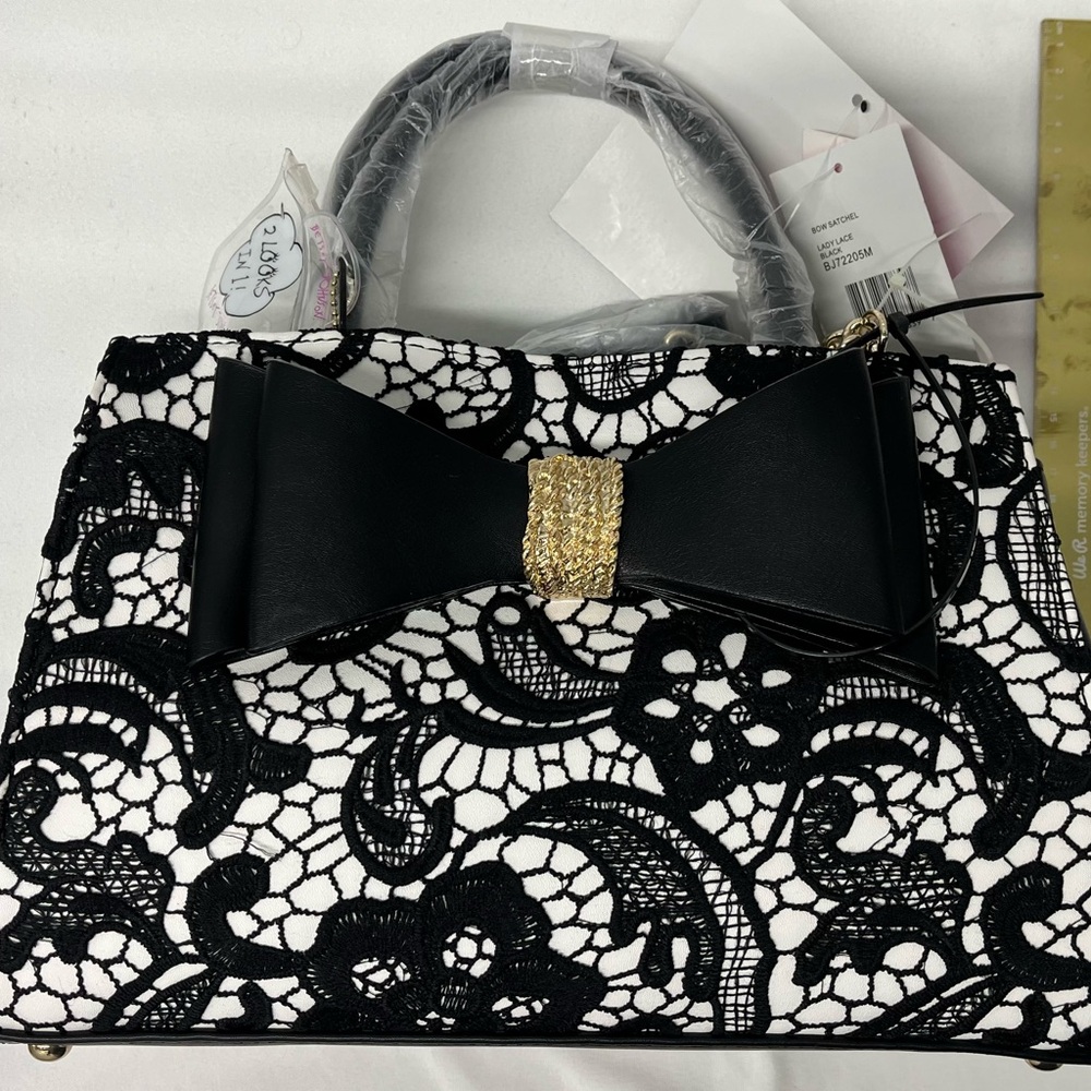 Betsy Johnson Black and White Lace Handbag with Bow